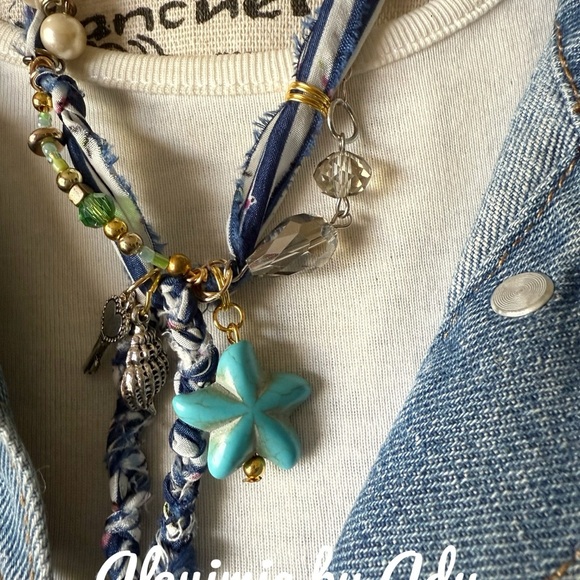 Chunky Blue and Silver Statement Necklace fabric floral cloth alpha - Picture 5 of 7